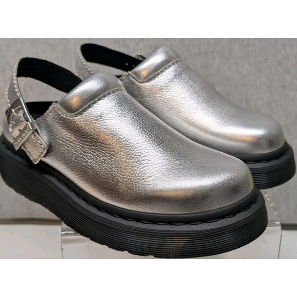 NWOB Dr Marten Laketen Womens 5 Silver Metallic Leather Slingback Clogs Mules - Picture 1 of 8